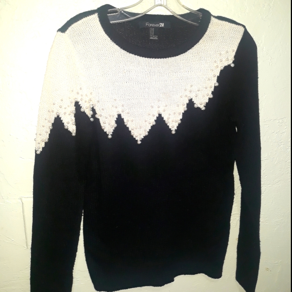 Black and Cream Sweater embellished with pearls